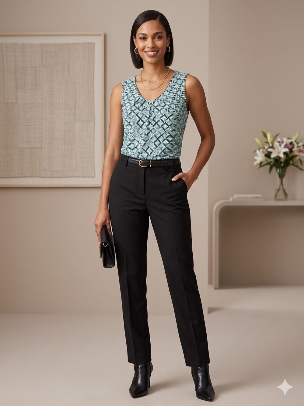 NY & Co Flowy V-Neck Tank | Slimming Pleated Geometric Print Top